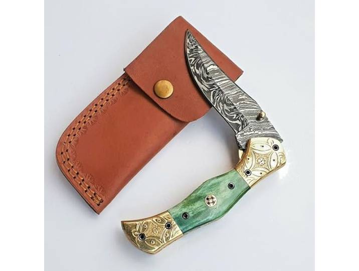 CRAFTOMATIK Damast Stahl Taschenmesser Gravierte Stern Klappmesser Kamelknochen, Gravierte Edelstahl, Mosaik Stift Griff Handgefertigt Outdoor Damastmesser Camping Messer FK37
