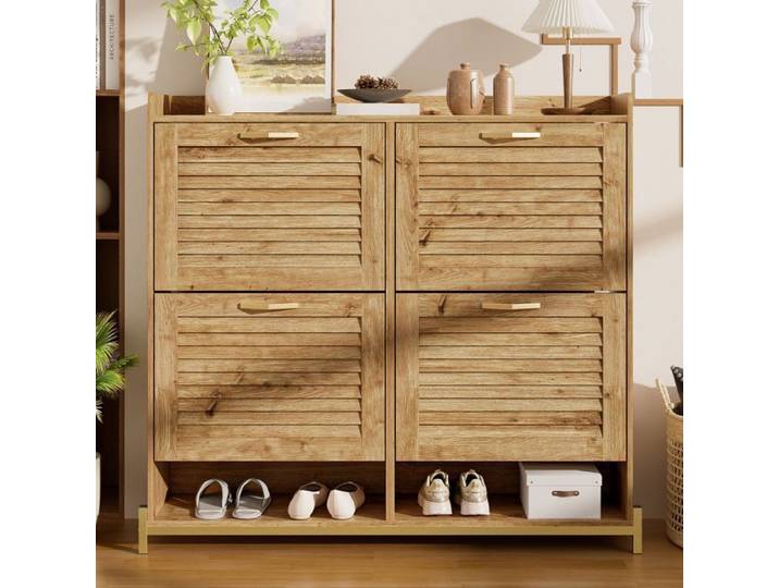 Meuble à Chaussures en Bois - Meuble d'entrée Rangement pour Chaussures - 4 Portes - 108.5x24x100 cm