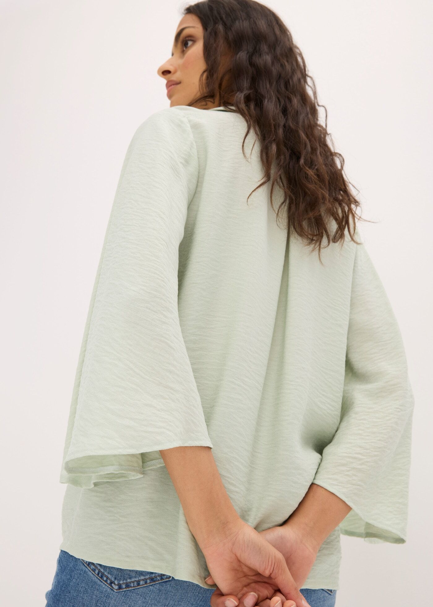 Tunika BONPRIX, Damen, Gr. 38, kieselgrün, Obermaterial: 89% Viskose, 11% Polyamid, loose fit, Tuniken Tunika, fliessende Tunikabluse, Loose Fit, mit 7/8-Ärmeln kieselgrün 38