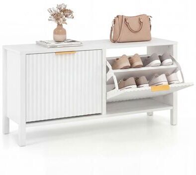 Costway Shoe Storage Bench Narrow Wooden Entryway Bench with 2 Flip Drawers-White