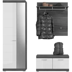 GARDEROBE Set 3-teilig weiß Hochglanz und grau, Garderobenkombination mit Schuhschrank
