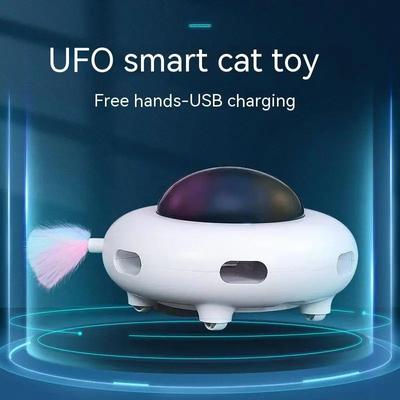 Inspire Select Smart UFO Interactive Cat Teaser Toy Automatic Turntable Feather Chasing Trainer, USB Rechargeable white