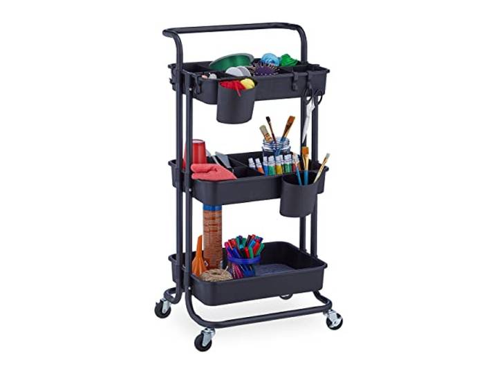 Relaxdays Desserte à roulettes\, 3 Niveaux\, 2 Freins\, Multi-Usage pour Cuisine\, Bureau\, en métal\, HLP : 86x43x42cm\, Noir
