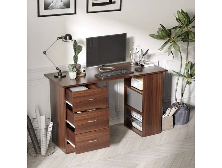Bureau ordinateur noyer 120x50cm avec étagères tiroirs rangement pratique pour petite chambre