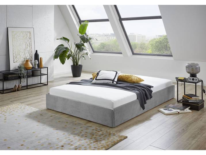 Polsterbett, Glanzvelours, Grau, 145×205 cm, Komfort-Lattenrost, WESTFALIA Schlafkomfort