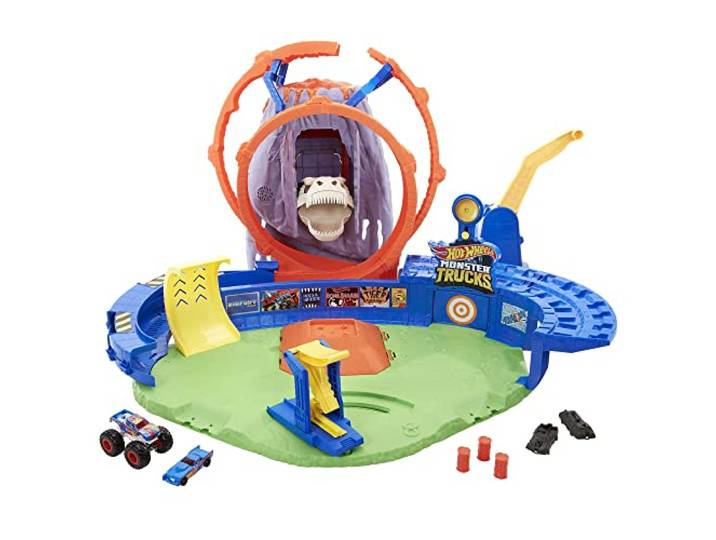 Hot Wheels Autorennbahn Monster Truck T-Rex Vulkan Area, inkl. 1 Monstertruck/1 Spielzeugauto/2 Starter, mit Beleuchtung und Geräuschen, Auto Spielzeug, Spielzeug ab 4 Jahre, GYL14