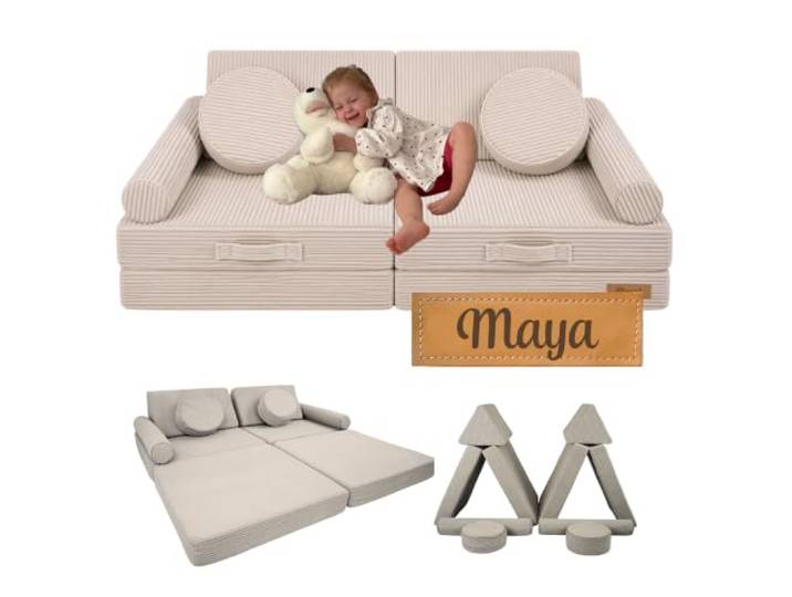 Flumi Modulares Kindersofa 10-teilig – Kindercouch mit waschbarem Bezug, personalisierbar mit Namen (Cord Beige)