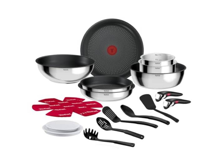 Tefal Ingenio Comfort Max 20-tlg. Kochgeschirr-Set, stapelbar, platzsparend Titanium Antihaftversiegelung, Thermo-Signal, für alle Herdarten, sicherer Griff, mühelose Reinigung, Edelstahl, L966KS44