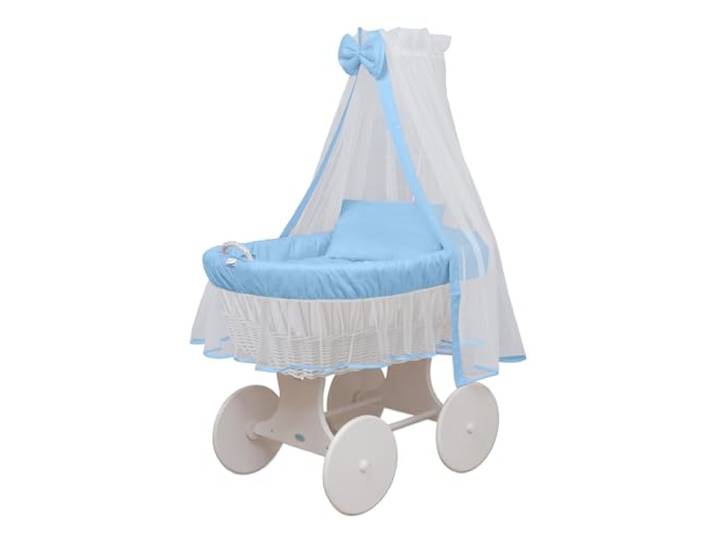 waldin Stubenwagen-Set mit Ausstattung,XXL,Bollerwagen,komplett,6 Modelle wählbar,Gestell/Räder weiß lackiert,Stoffe blau/weiß