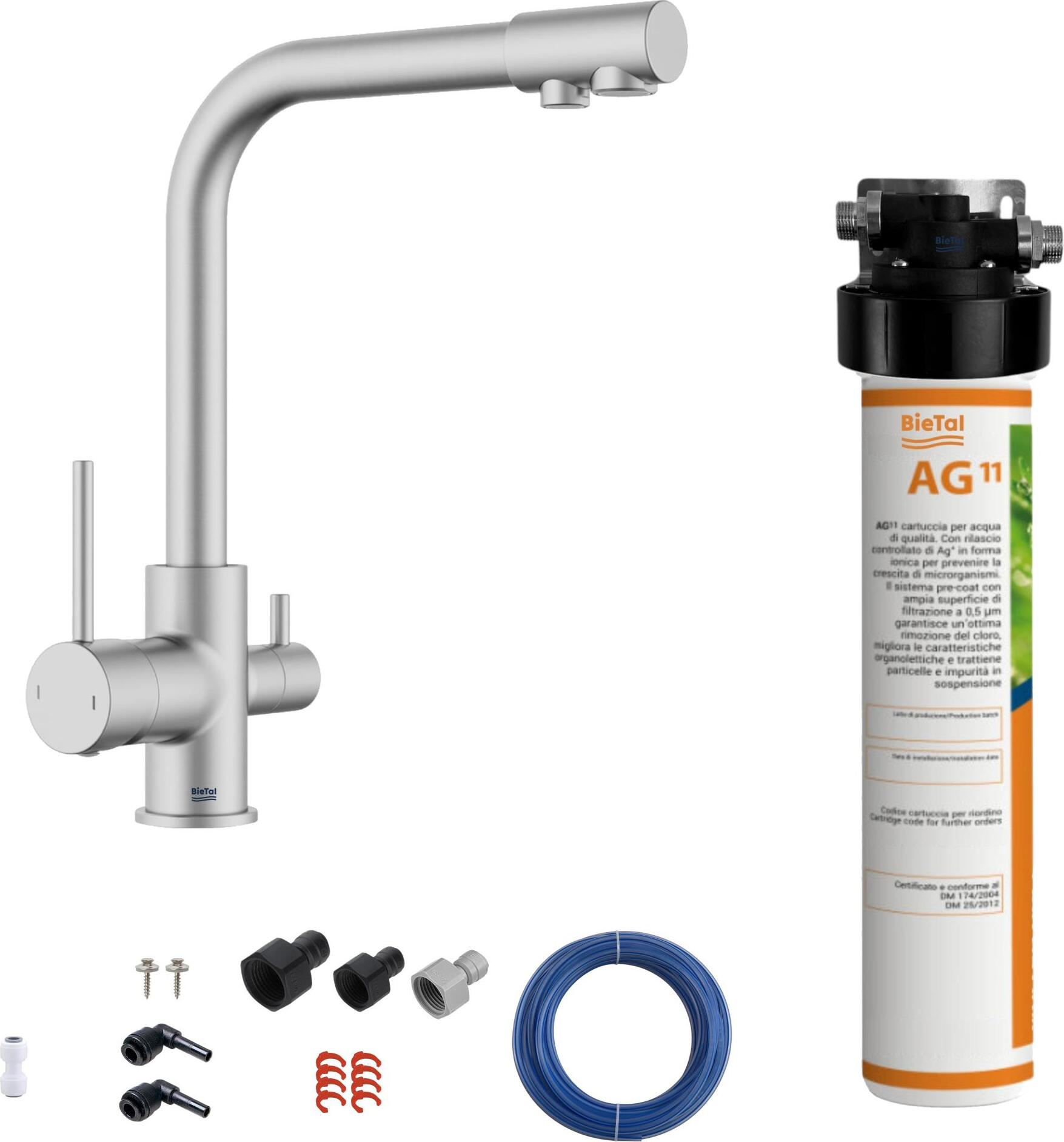 BieTal Untertisch Wasserfilter Aktivkohle Set mit 3-Wege Hahn Edelstahl Look