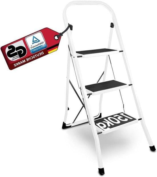 Siwitec Opvouwbare trapladder met stang, 3 treden, Wit