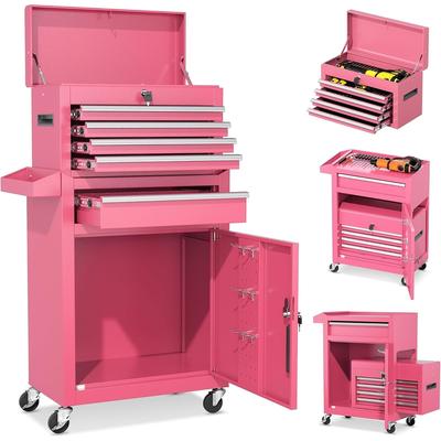 SUNCROWN 2-in-1 Detachable 5 Drawer Rolling Tool Cart, Mobile Lockable Tool Cabinet Chest with Hooks & Wheels, Garage Storage Tool Box