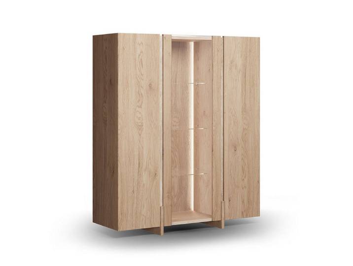 Feldmann-Wohnen Vitrine Travertino (mit Türen, mit Einlegeböden, mit Glaseinsatz, mit Beleuchtung, 1-St., mit Türen, mit Einlegeböden, mit Glaseinsatz, mit Beleuchtung) 3-türig Massivholz Wildeiche Gebleicht, mit Travertin Naturstein