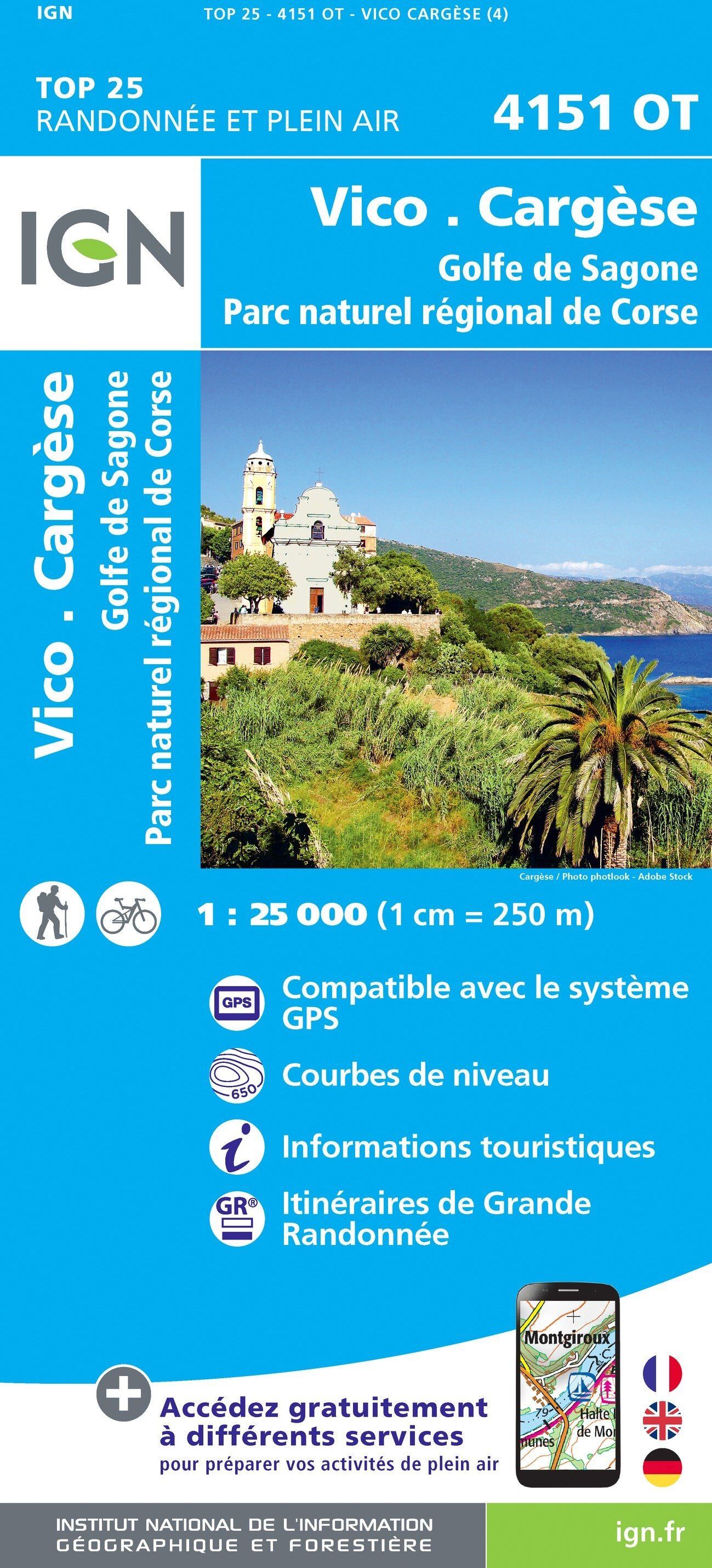 Carte de randonnée IGN TOP 25 n° 4151 OT - Vico, Cargese, Golfe de Sagone (PNR de Corse)