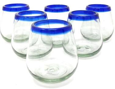 Dos Suenos Hand Blown Mexican Stemless Wine Glasses - Set of 6 Glasses with Cobalt Blue Rims (15 oz)