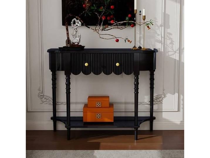 Massivholz Konsolentisch Mit Schublade, Schmaler Flurtisch Halbrund Massivholz-Konstruktion, Platzsparendes Design, Vintage-Akzente, Einfache Montage(Black,47.2inW/120cm)