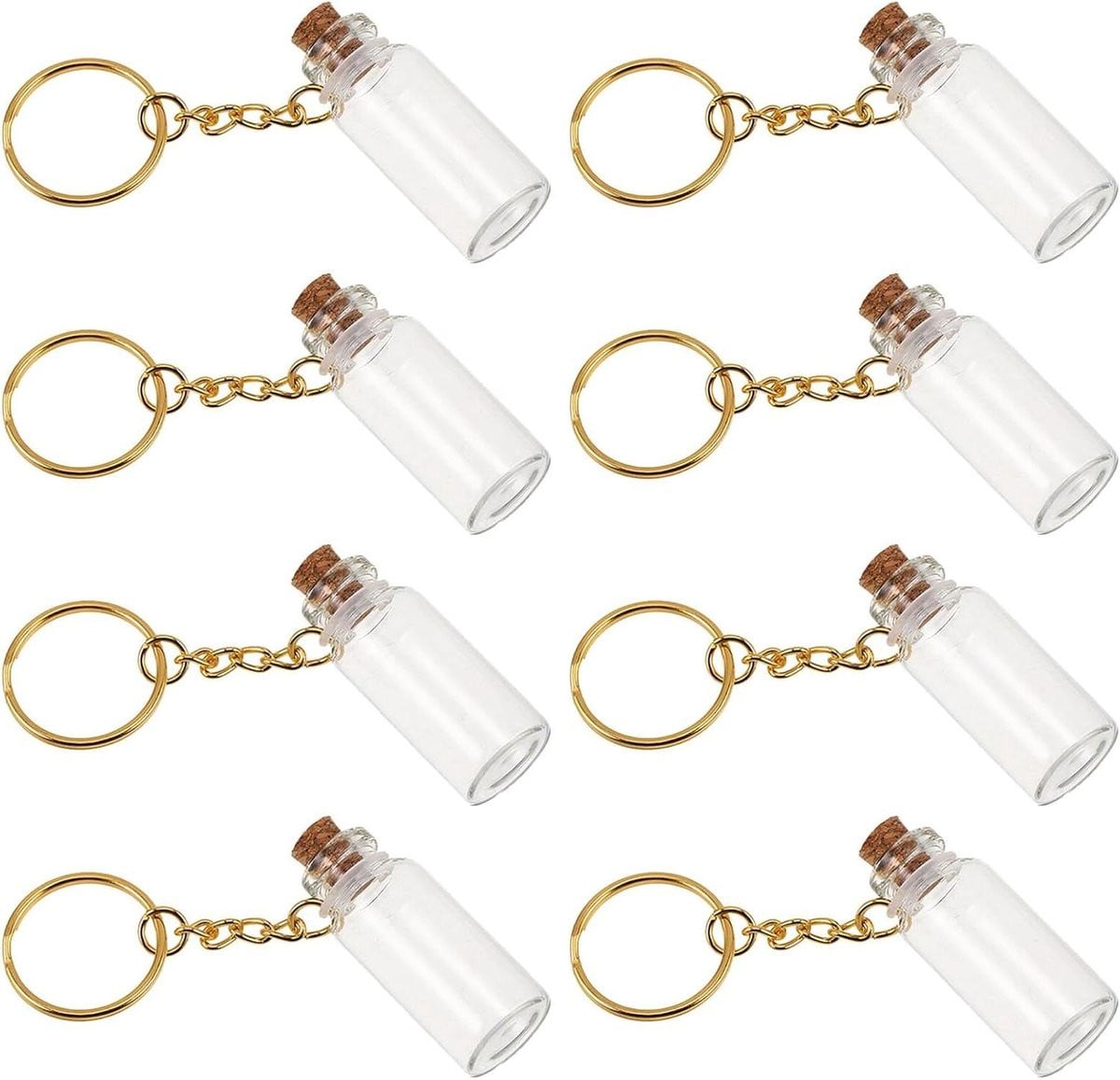 8 Stuks Mini Glasflesjes met Metalen Sleutelhanger, Transparante Kleine Vials met Kurkstop, Vulbare Decoratieve Flessen voor Bruiloft en Feest