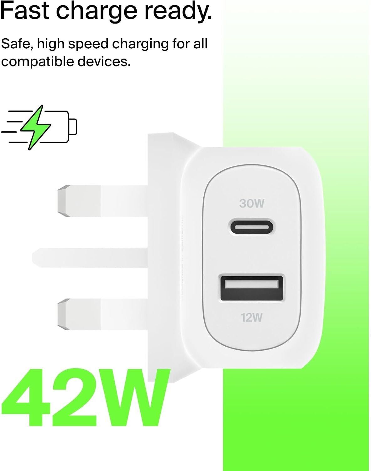 Belkin BoostCharge 42W Dual Port Wall Charger with USB-C and USB-A Samsung, Pixel, iPhone Charger, Fast Charging, 30W USBC Port + 12W USBA Port, PPS Technology, Compact and Travel Friendly