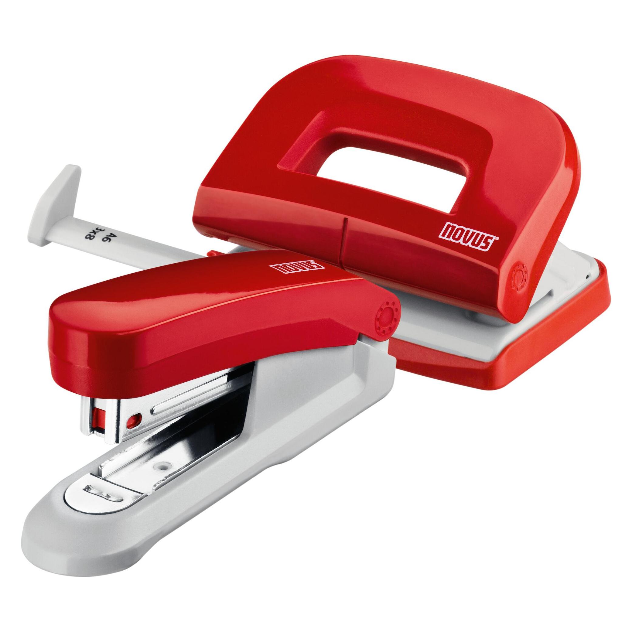 Novus Schreibtisch Set (Heftgerät E 15 mit Locher E 210, inkl. 1000 Heftklammern No. 10) rot (15 Blätter) (020-1830)