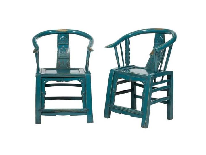 Fine Asianliving Paire Antique de Fauteuils chinois Début du 19e Siècle Bleu Haute Brilliance Sculpté à la Main