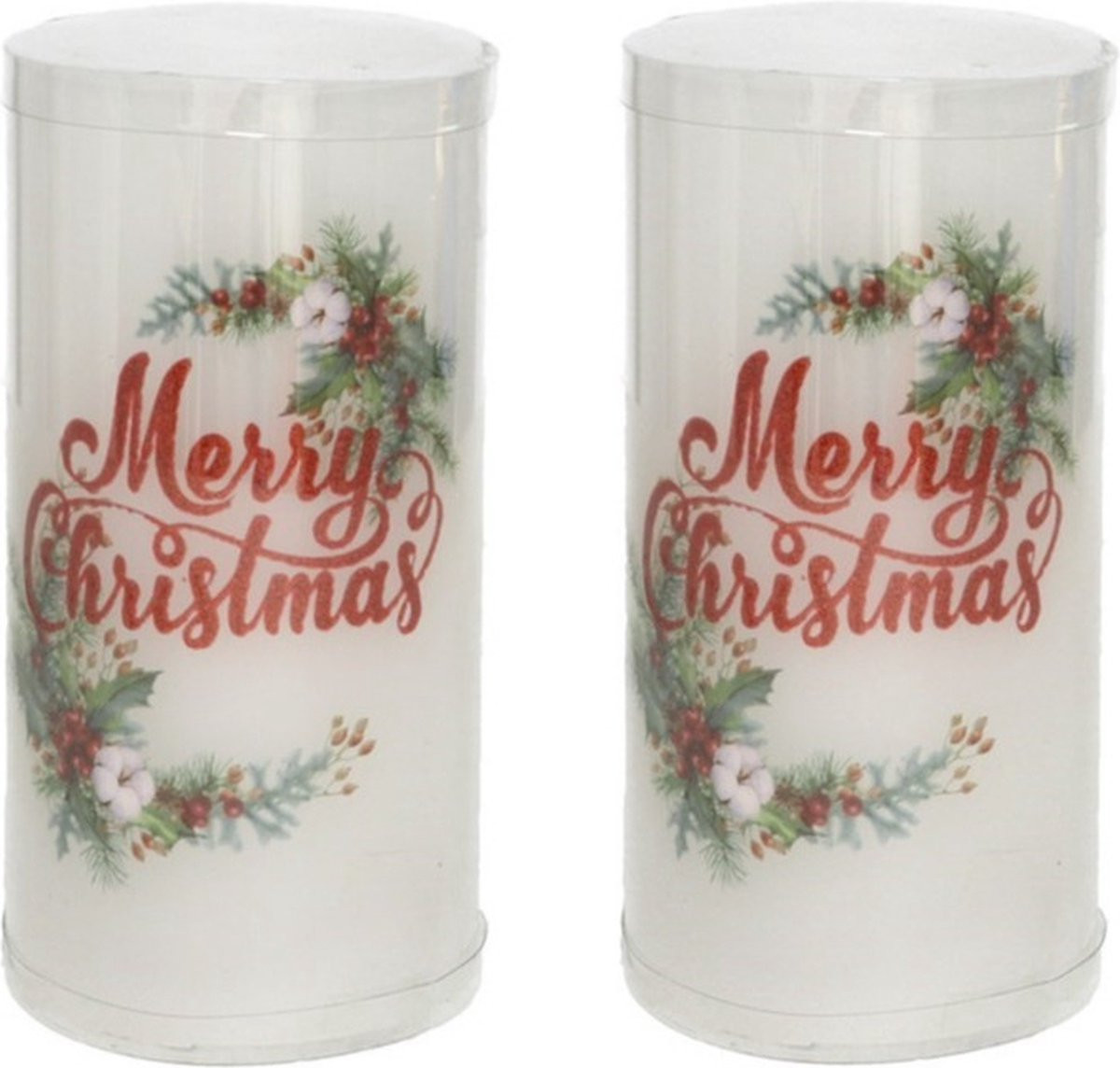 Gerim LED stompkaarsen Merry Christmas - 2 stuks - Hoogte: 15 cm