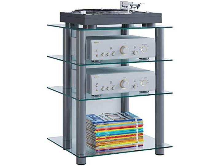 VCM HiFi Möbel Rack Schrank Phono Regal Alusäulen ESG-Glasböden Maße: H. 70 x B. 59 x T. 48 cm Phono Mediaregal - Bilus Klarglas