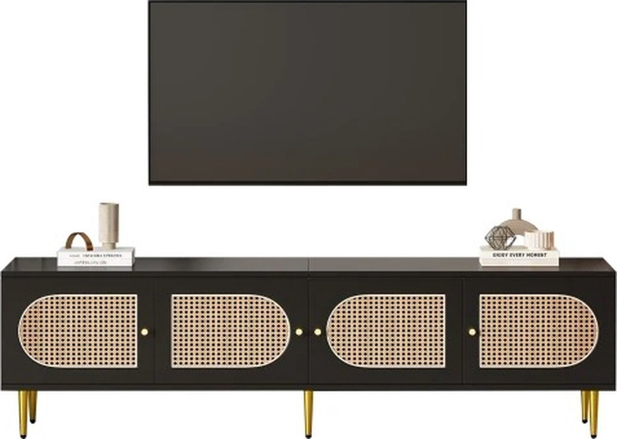 Decotopia Dressoir TV Meubel met 4 Deuren - Zwart - Rotan - Modern