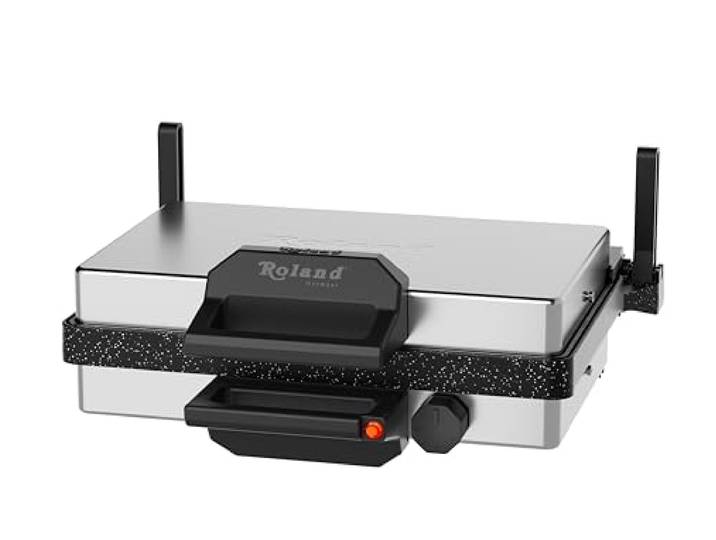 Roland Germany Multigrill, 2000W Elektro-Kontaktgrill, Schwarz, 340x220mm Grillplatten, 5-Stufen Temperaturregelung, für Lahmacun, Fleisch, Toast und Gemüse (1, Granit)