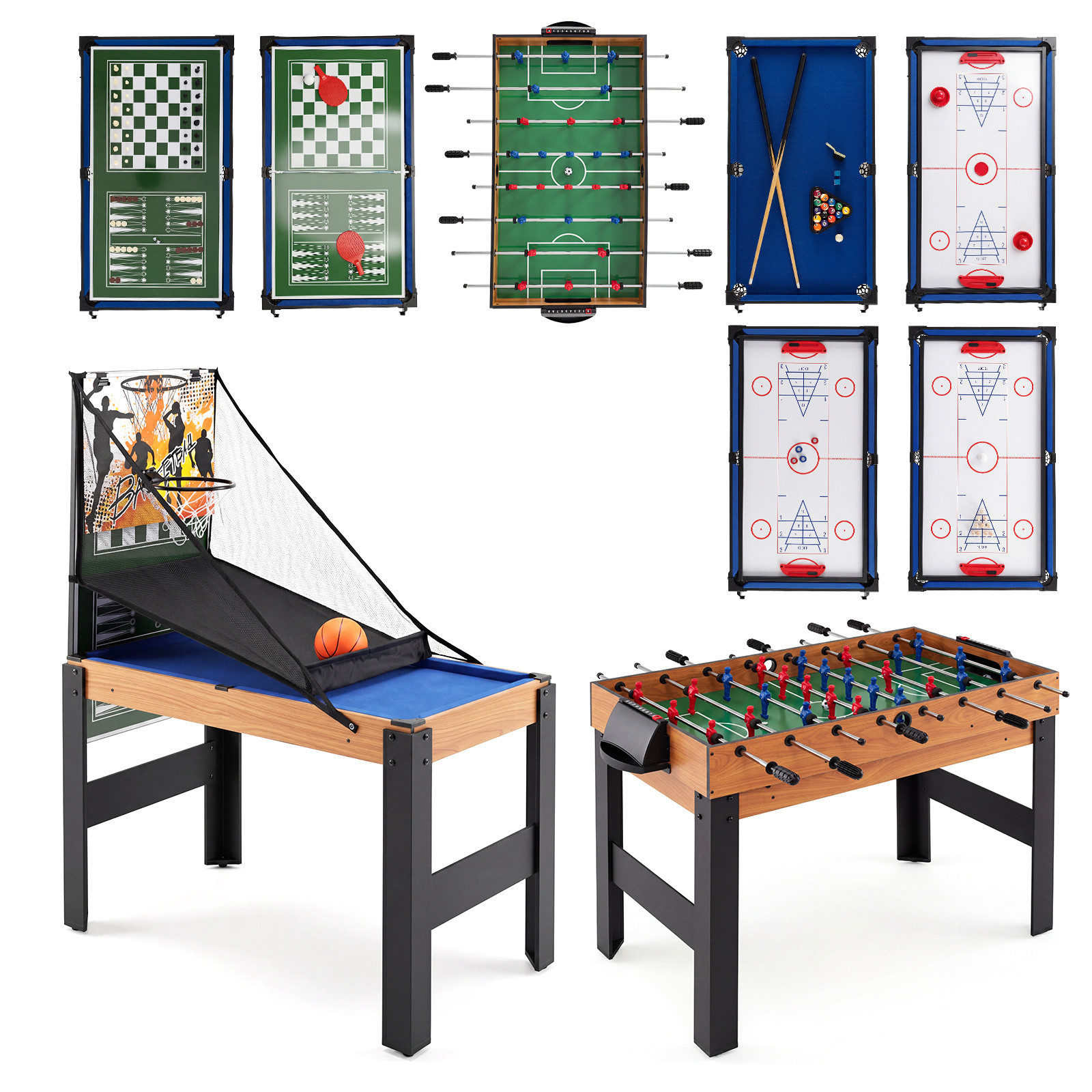Costway 14-in-1 Multifunctionele Speeltafelset met Tafelvoetbal, Hockey, Biljart en Tafeltennis - Naturel