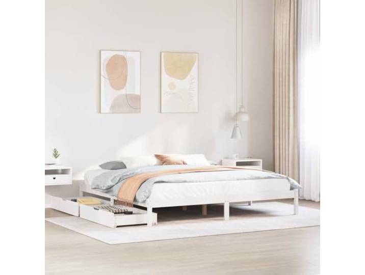 RJPLMFV Bettgestell, Massivholz, Kiefer, 200 x 200 cm Ohne Matratze, 2 Schubladen, Aufbewahrung, Lattenrost, Rollen, Schlafzimmer