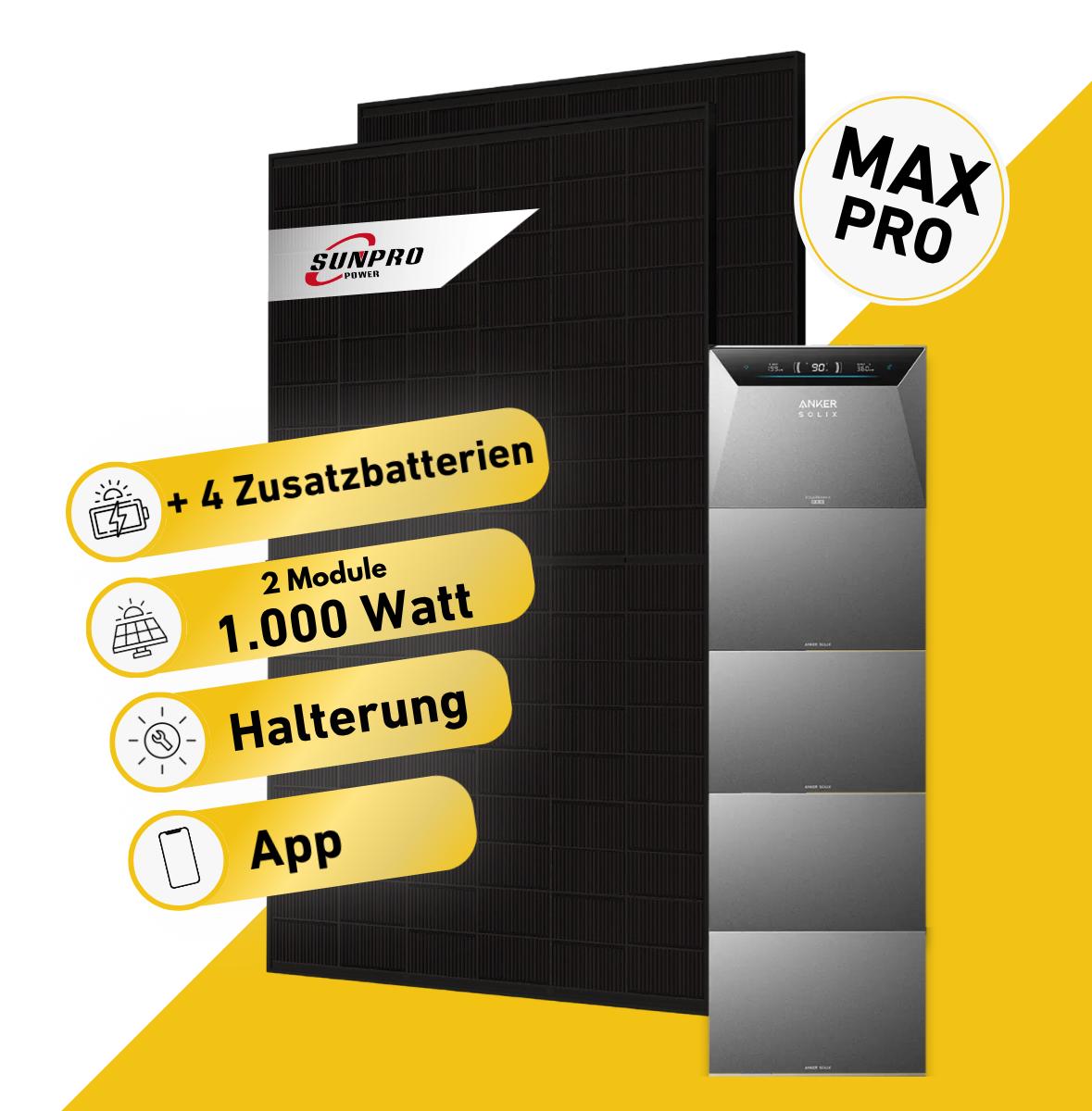 Balkonstrom Balkonkraftwerk 1000W mit Speicher | 4xZusatzspeicher | Fassadenhalterung 90 Grad | 2xSolarmodul Bifazial | Anker Solix 4 Pro |Kabel 15m