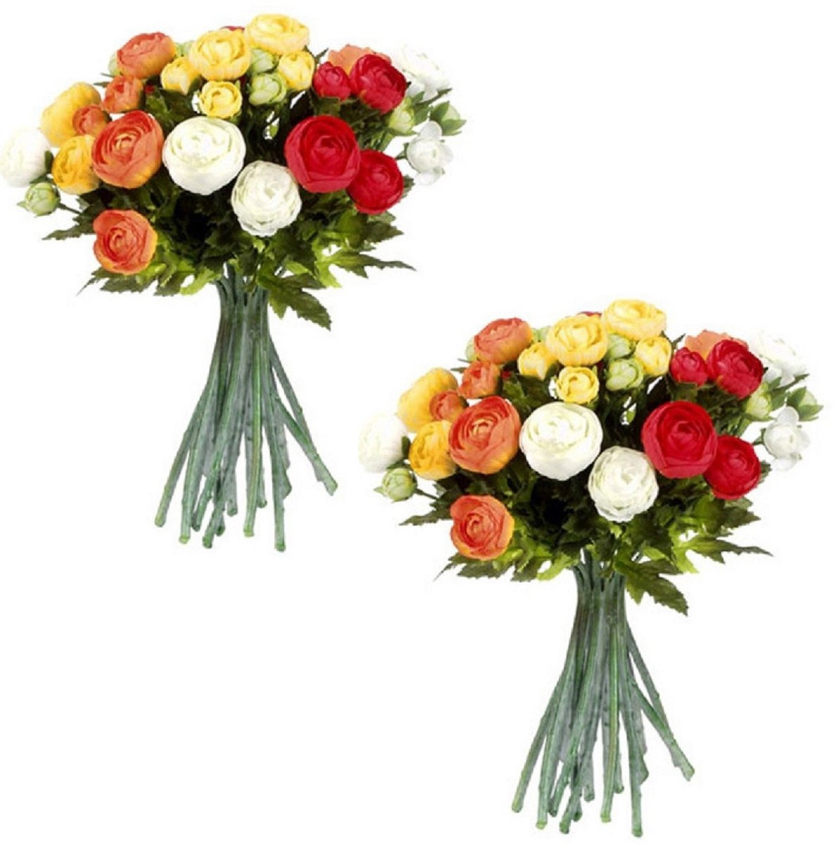 Mica Decorations Boeket van 2 stuks - Kunstbloemen Ranunculus - Oranje/Wit - 35 cm