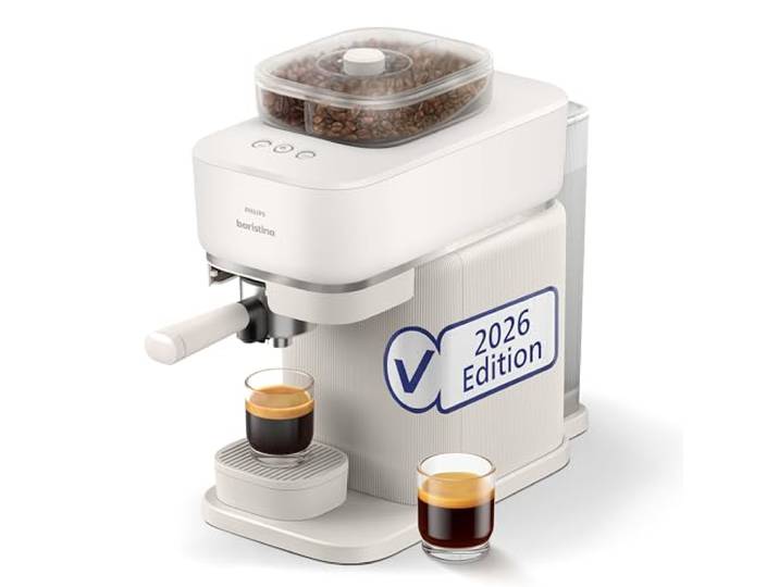 PHILIPS Baristina Espressomaschine mit Bean Swap, Weiß, 16 Bar Dualer Bohnenbehälter, mahlt, tampt & brüht automatischm Keramikmahlwerk (BAR320/00)