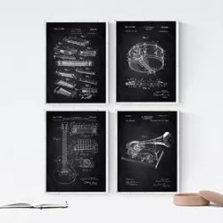 POSTER Set mit 4 Schwarz Patent für Musikinstrumente A4 Rahmenlos