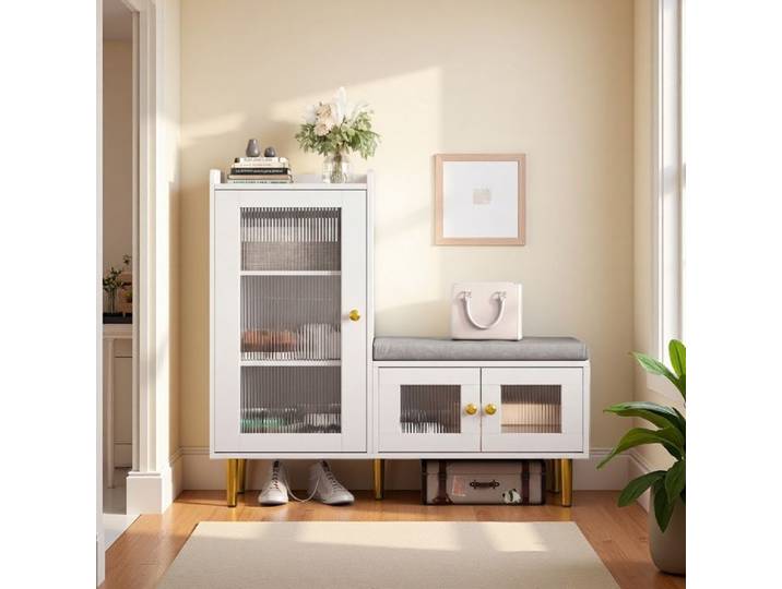 Meuble à chaussures - URBANLUXE - Meuble à chaussures avec banc - 3 portes vitrées - 4 étagères réglables - Banc intégré