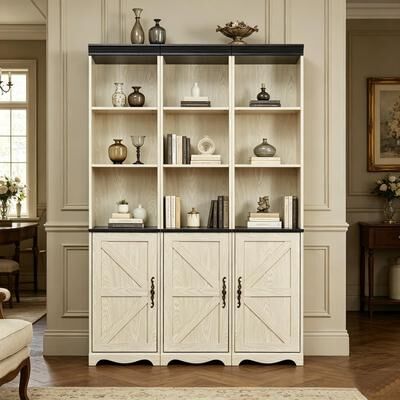 Kodotan sofa 3-in-1 Combined Storage Cabinet,3D Wood Grain Surface MDF Bookshelf,Open Display Cubbies & Closed Cabinets with Adjustable Shelf