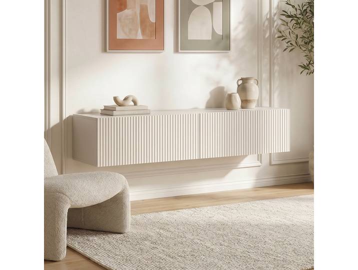 Meuble Tv Suspendu 160cm Beige À Tasseaux Leya
