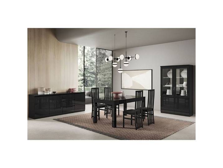 DEYTON - Ensemble Séjour Complet Laqué Noir Table 190cm + Buffet + Vitrine avec Leds