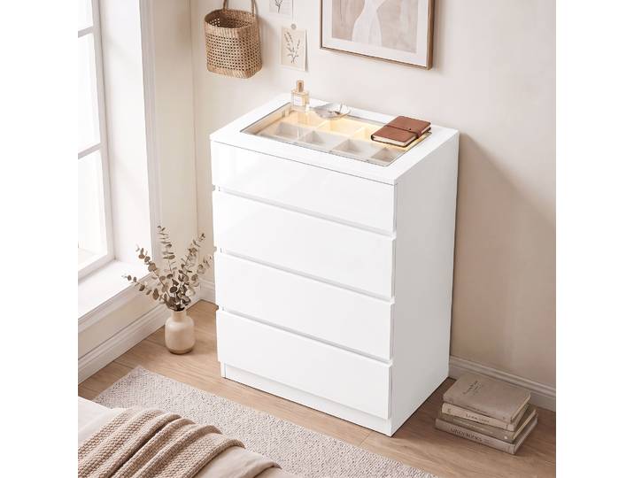 HOMCOM Commode 4 Tiroirs LED RGB Moderne 60x40x90cm Blanche