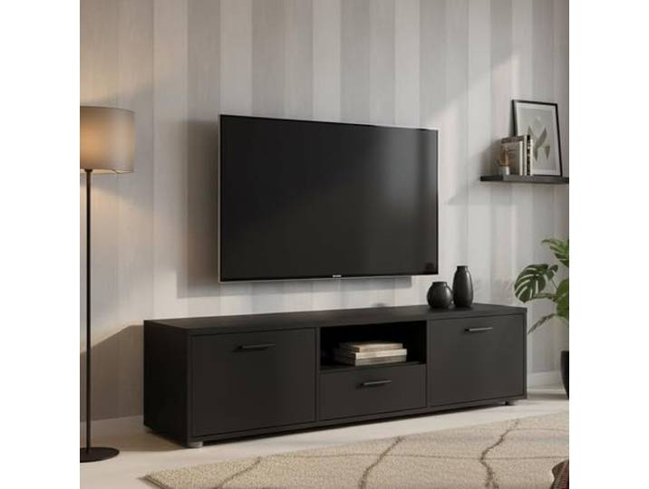 Dmora - Fernsehschrank Fernande, Ständer für Wohnzimmerfernseher, Niedriges Wohnzimmer-Sideboard, TV-Ständerbasis, 147x40 h38 cm, Schwarz