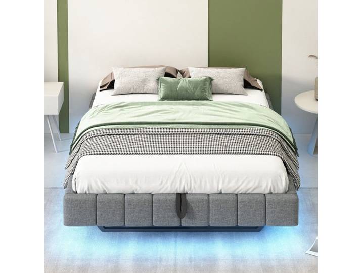 Bladez - Lit flottant 140x200cm lit coffre avec LED lit rembourré de lin (sans tête de lit) Cadre de lit plateforme flottant - Gris