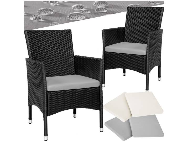 2 Rattanstühle + 4 Sitzbezüge - schwarz/beige