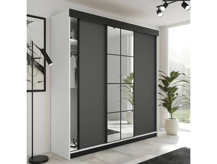 KIER FURNITURE Kleiderschrank LAMARO Weiß/Graphit 200x205x59 cm Geräumiger Schiebeschrank mit platzsparenden Türen und Stauraum für Kleidung, Wäsche und Accessoires