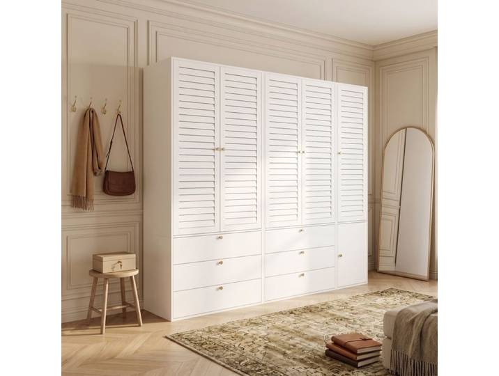 ULEVR Armoire blanche 5 portes persiennées 6 tiroirs 3 tringles et porte-pantalons 225 x 50 x 200 cm