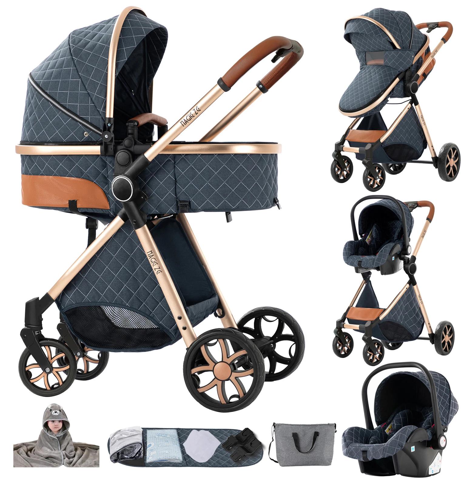 Kinderwagen 3-in-1 - Kombikinderwagen - Autositz-kompatibel - Faltbar - Belastbar über 20 kg - Baumwolle - Blau