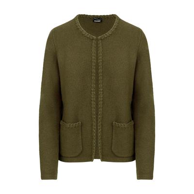 Strickjacke GOLDNER "Kurzgröße Strickcardigan mit Häkchenverschluss", Damen, Gr. 24, khaki, Strickjacken Strickjacke, Kanten mit Zierstick aus Strickband