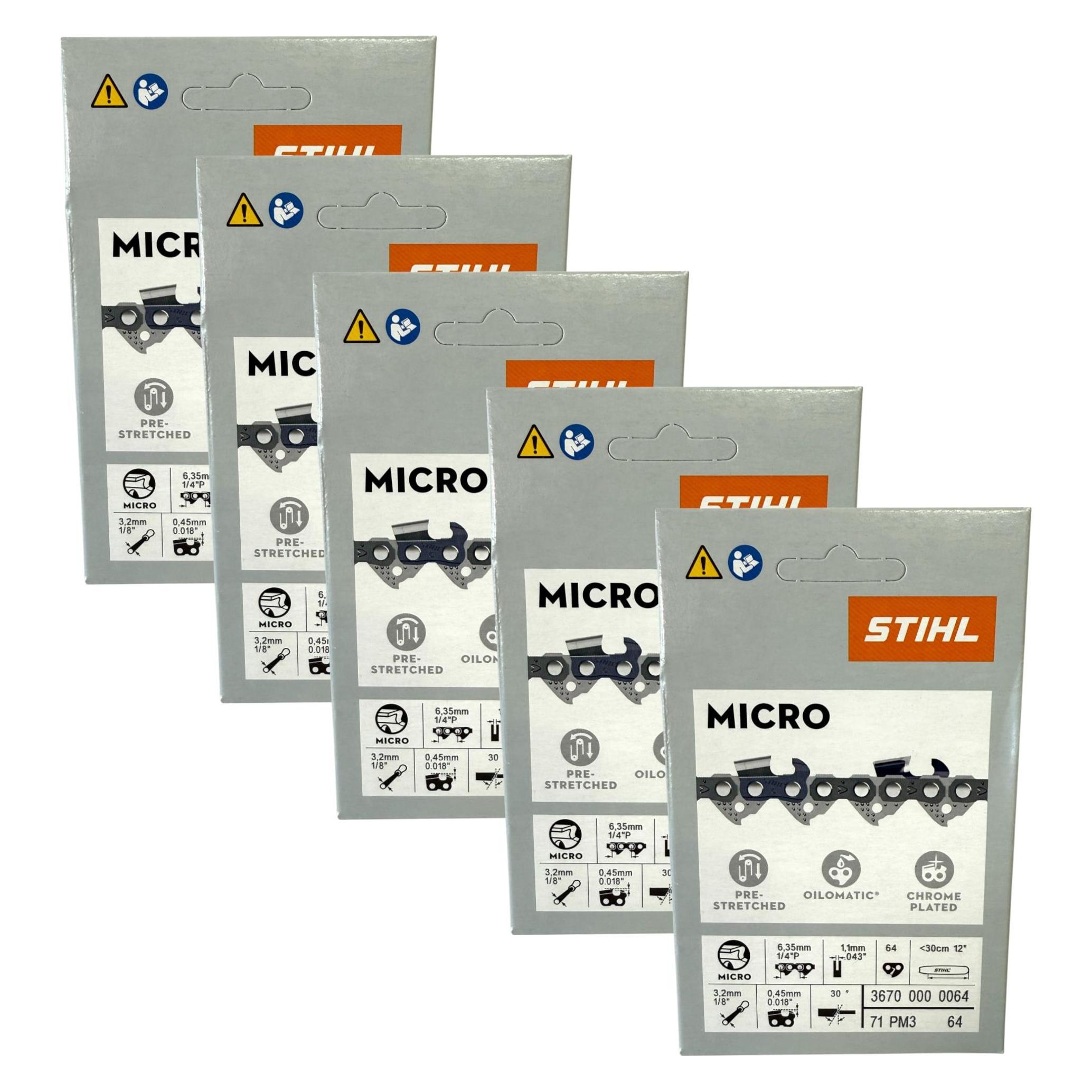 Stihl 5x 1/4" Picco Micro 3 (PM3) Sägekette 30 cm 1/4" P 1,1 mm 64 TG 5 Stück ( 5x 36700000064 ) (Heckenschere, Kettensäge) (36700000064)