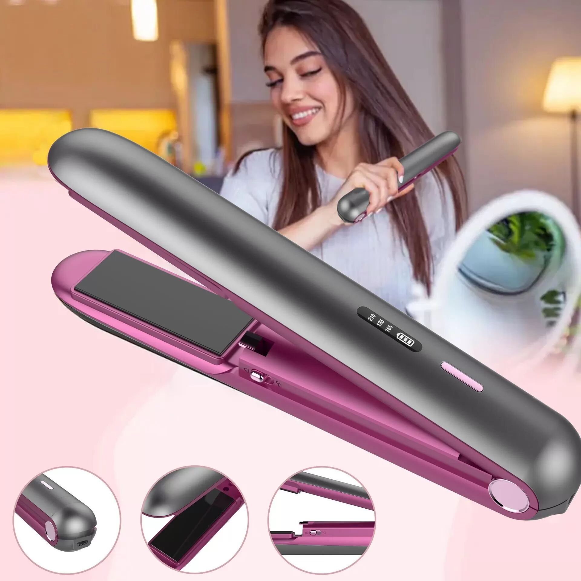 INF Fer à lisser portable sans fil - Mini fer plat USB rechargeable avec plaques flottantes 3D