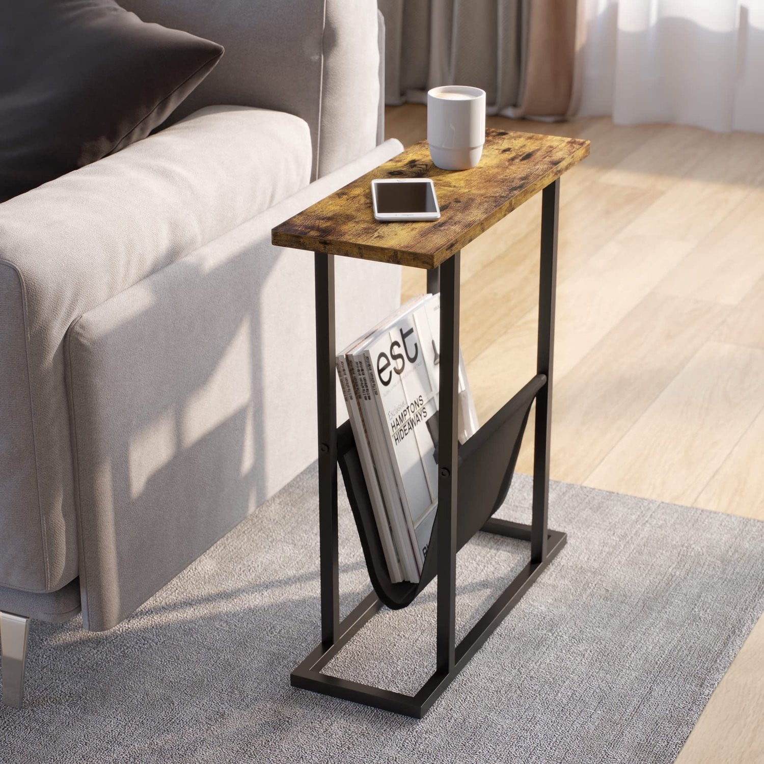 SnelShoppen Smalle bijzettafel met tijdschriftenhouder - Rustiek bruin