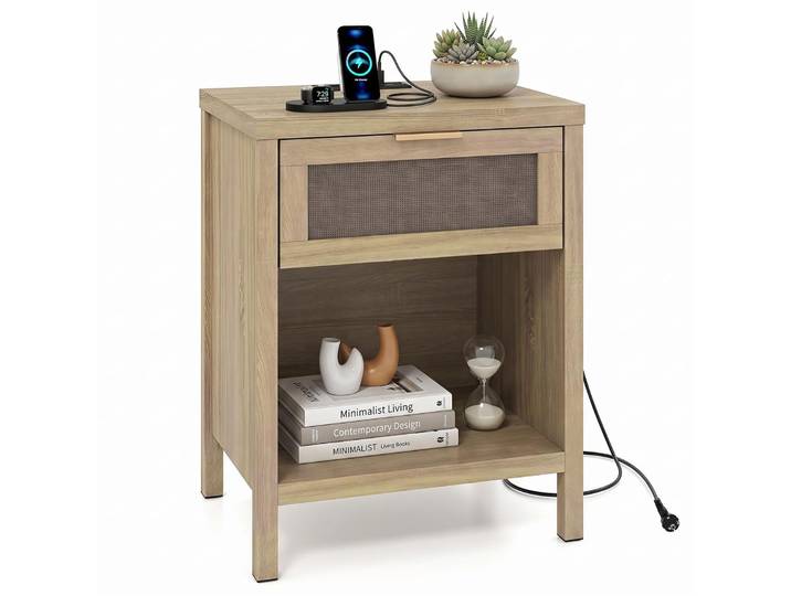 Costway Table De Chevet Rotin Avec Tiroir\, Style Bohème (1)